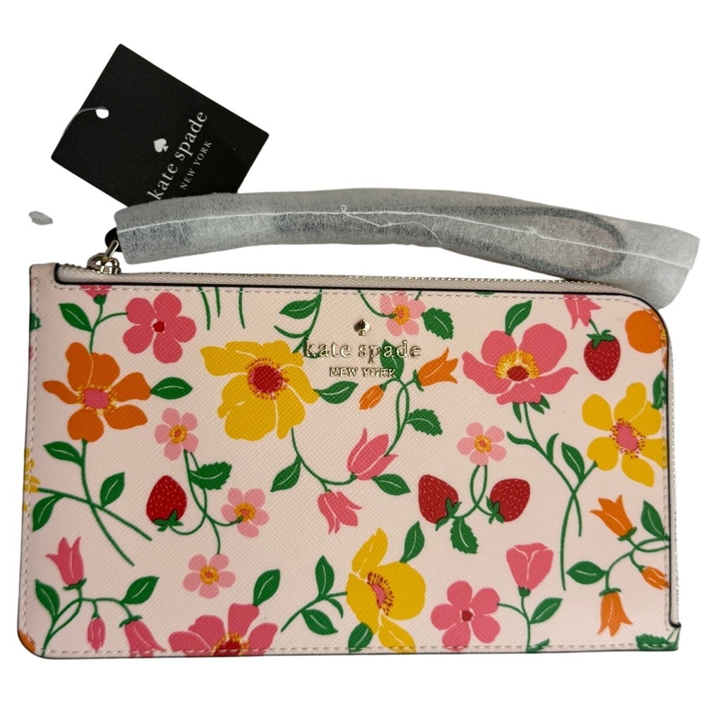Kate Spade Strawberry Garden Lucy Medium L-Zip Wristlet Pink Multi KG608 NWT